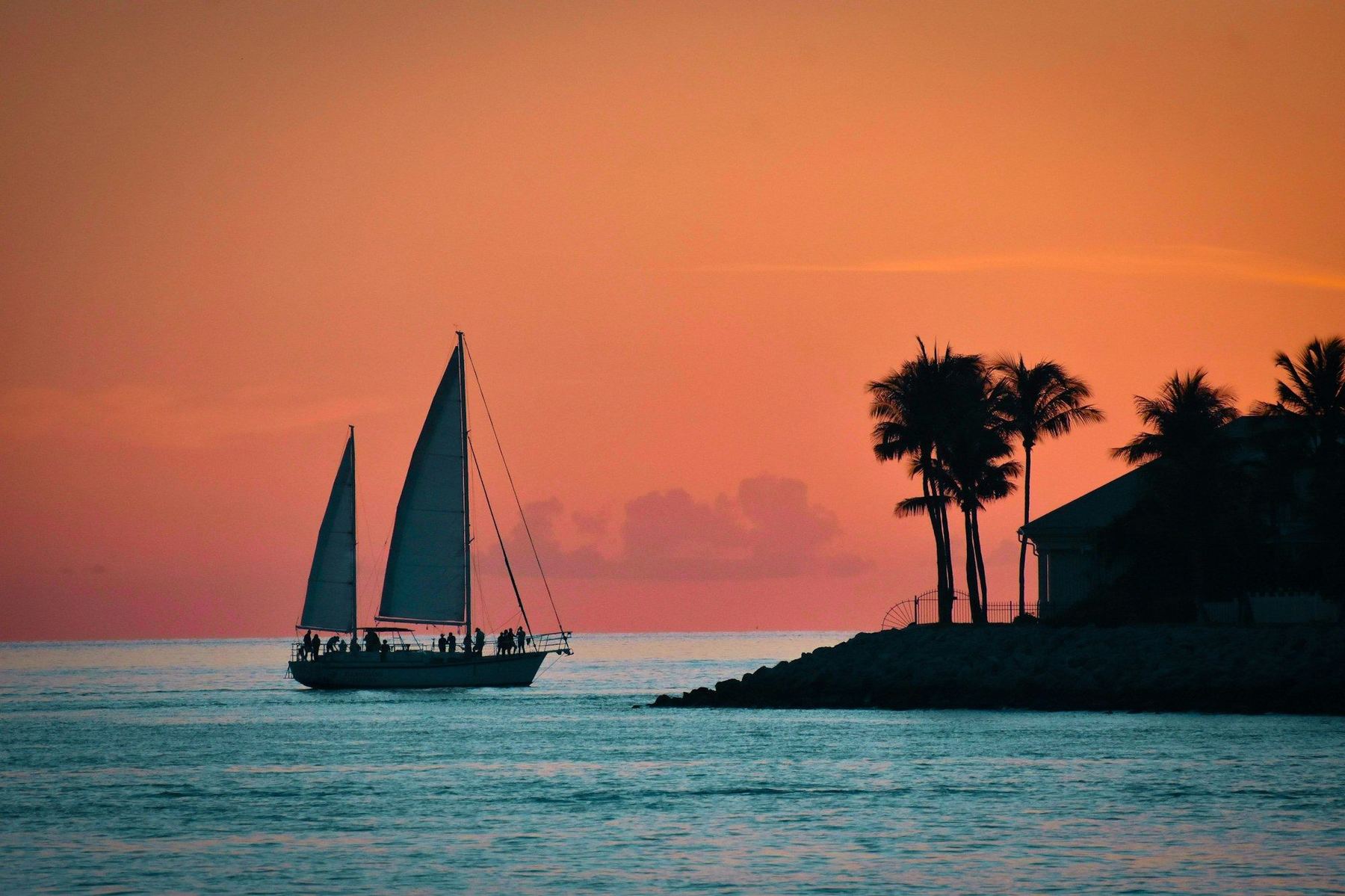 Veleiro ao pôr do sol com coqueiros em silhueta em Key West